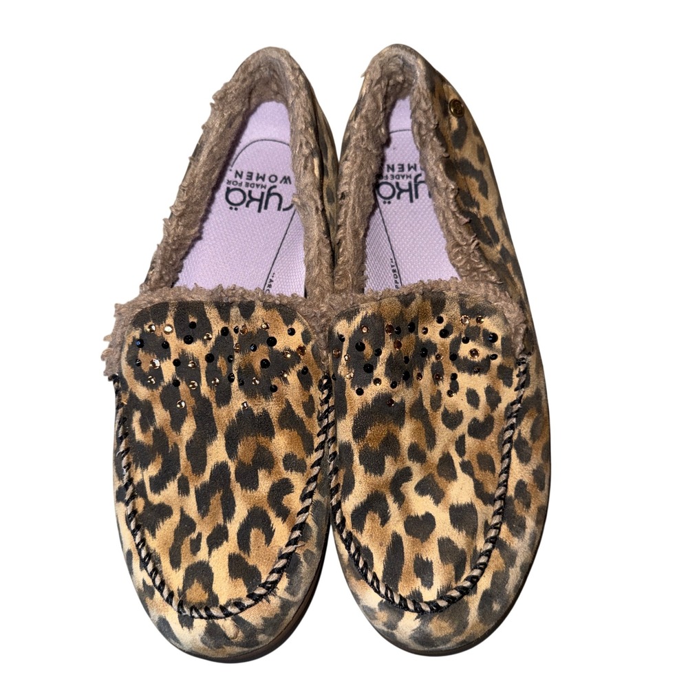 Ryka Loafers 8.5 Brown Leopard Print Rhinestone Faux Fur Lined Slip On Shoes